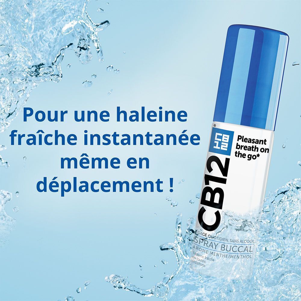Spray buccal CB12, goût menthe. Bouchon bleu, flacon blanc. Texte : Pour une haleine fraîche.