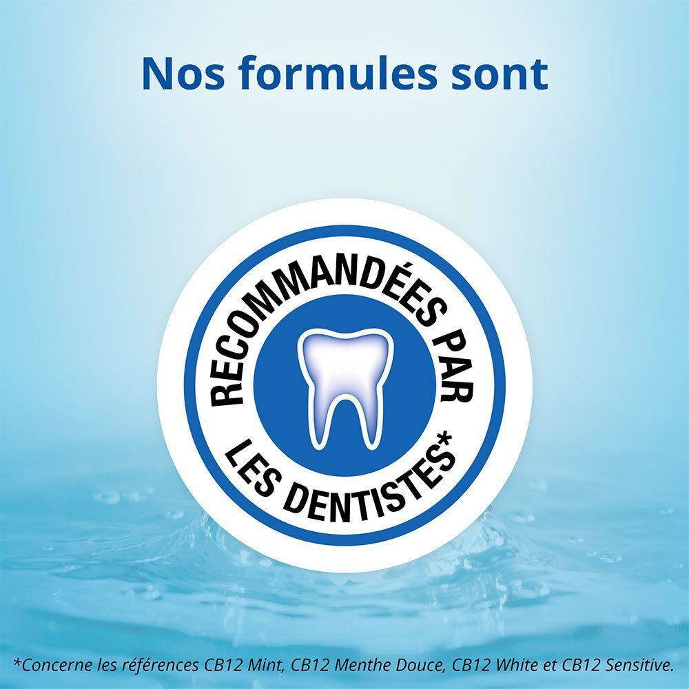 Logo : Recommandé par les dentistes. Cercle bleu, dent blanche. Texte : Recommandé par les dentistes.