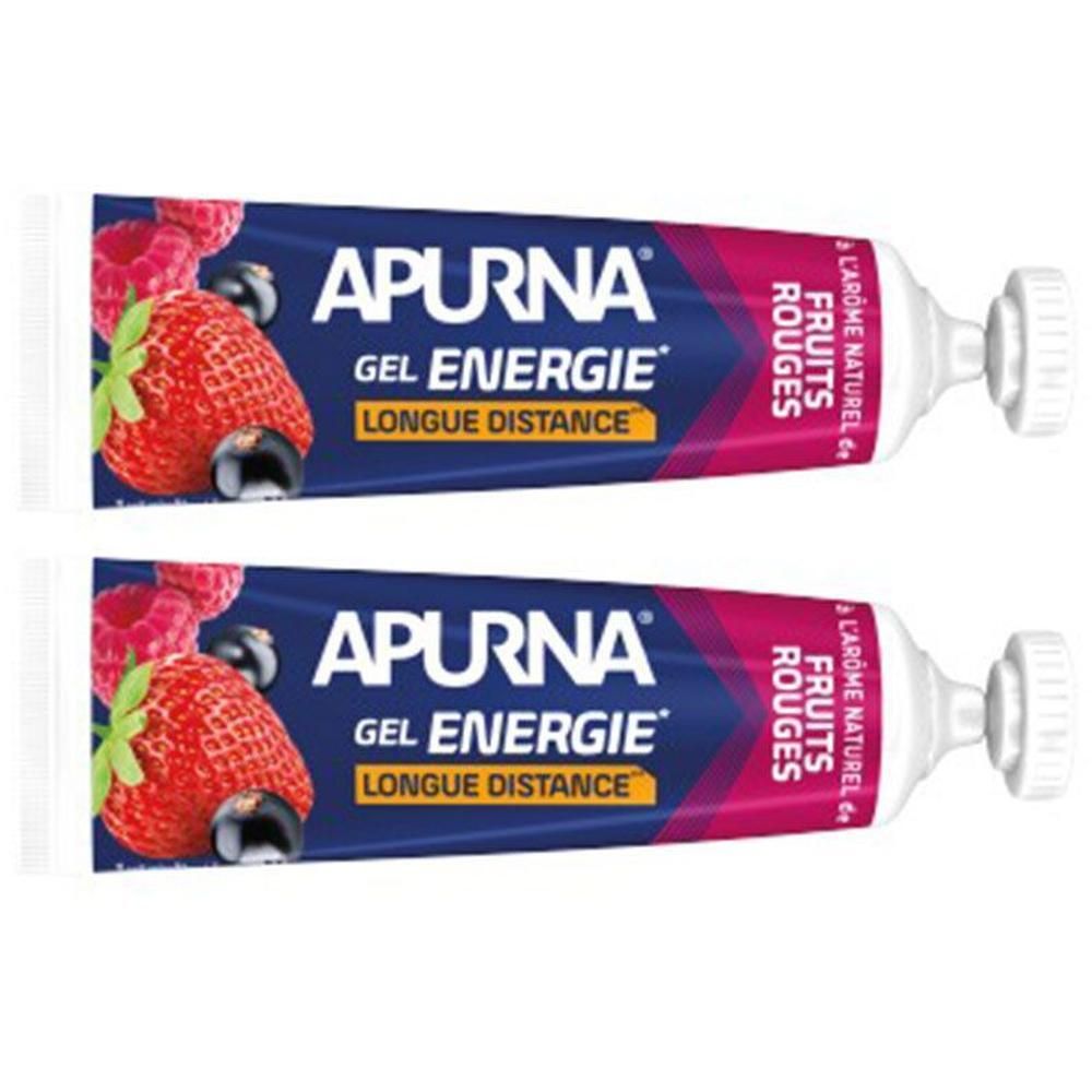 Deux tubes de gel APURNA. Inscription : GEL ENERGIE, LONGUE DISTANCE, FRUITS ROUGES. Illustration de fruits.