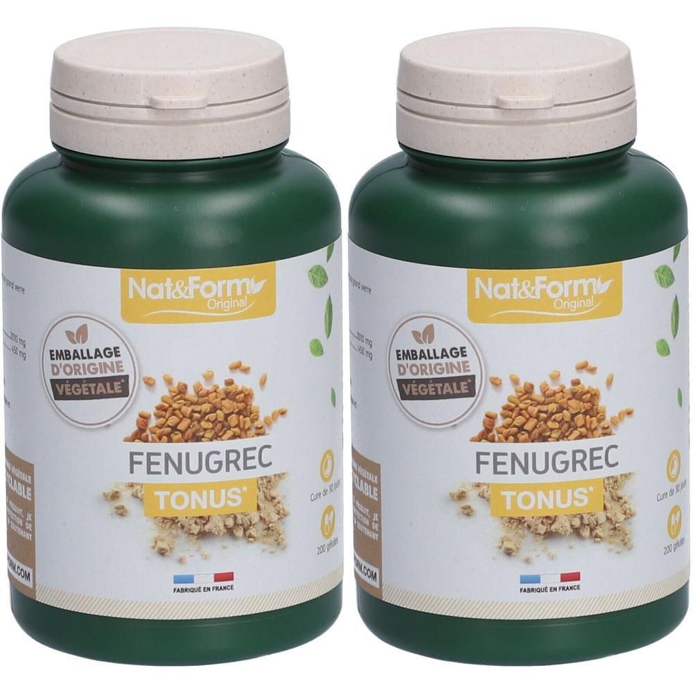Deux flacons verts avec des couvercles beiges. Étiquettes avec "Nat&Form", "FENUGREC TONUS" et "Emballage d'origine végétale".