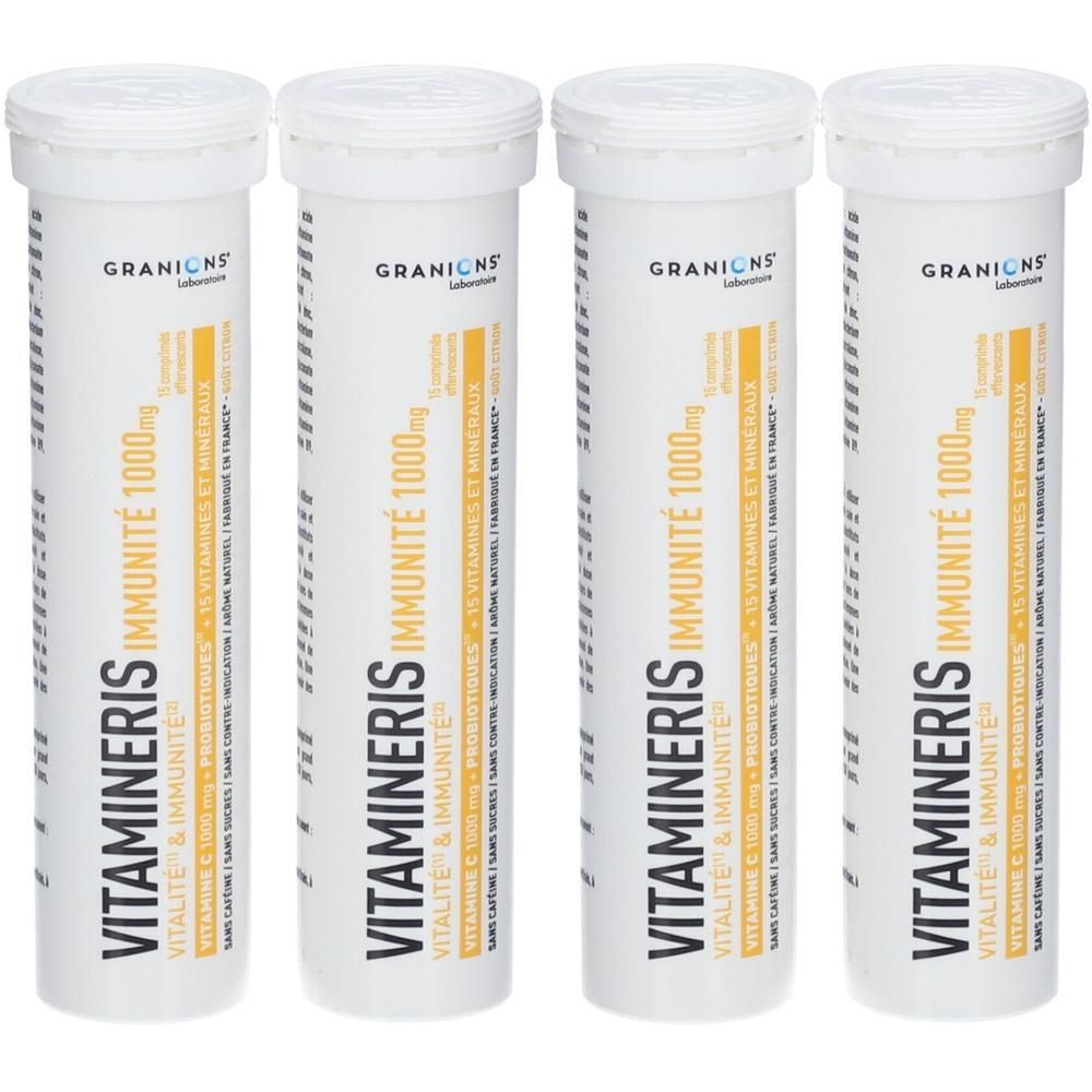 Quatre tubes blancs avec bouchon à vis. Inscription: VITAMINERIS IMMUNITÉ 1000 mg, GRANIONS. Texte jaune et noir.