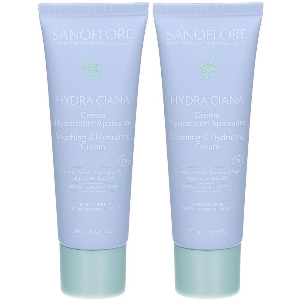 Deux tubes de crème bleus clairs. Inscription: HYDRA CIANA, Crème Hydratante Apaisante, Soothing & Hydrating Cream. Embout vert.