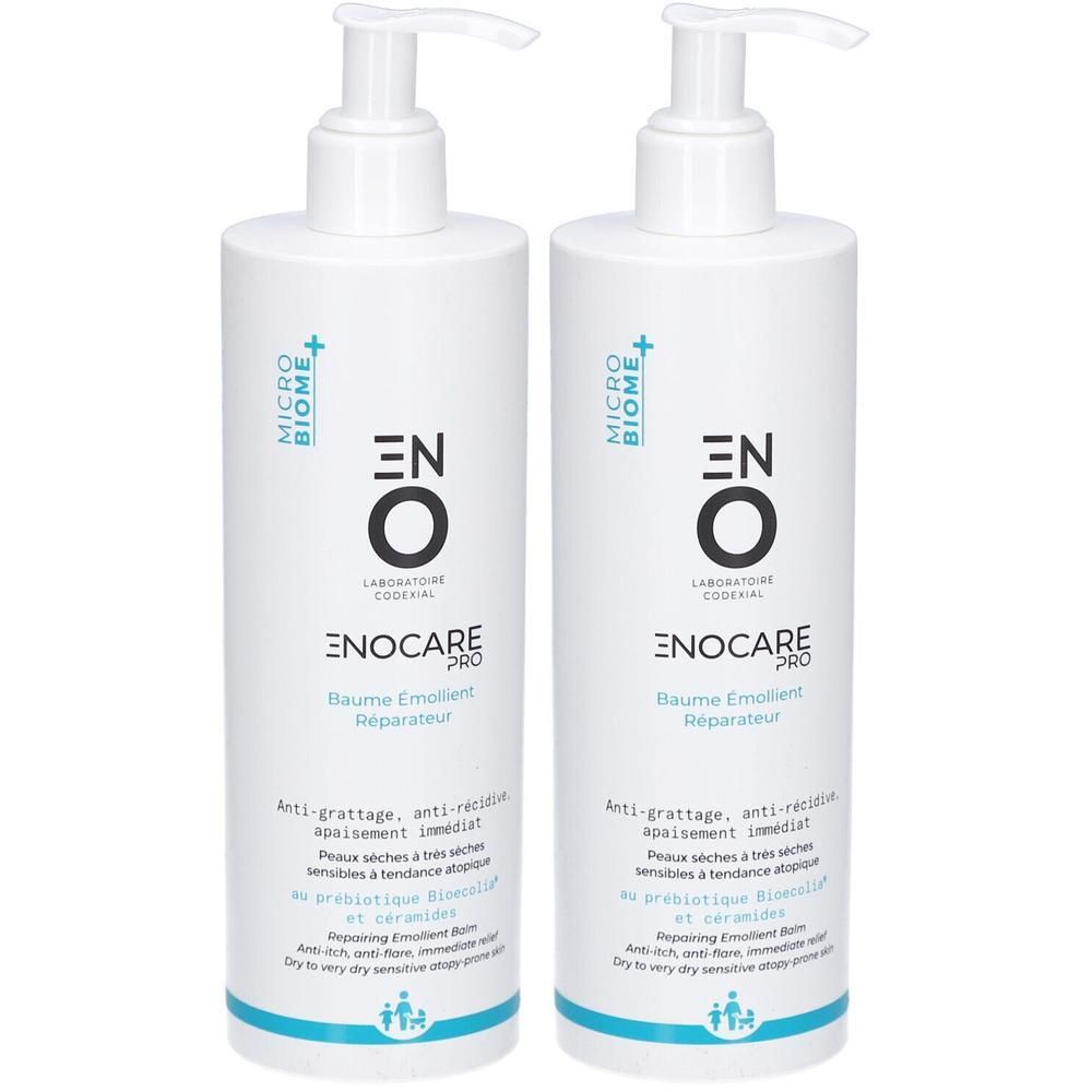 Deux flacons blancs avec pompe. Inscription: ENOCARE PRO Baume Emollient Réparateur. Texte en français.