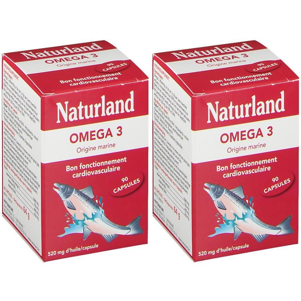 Deux boîtes rouges Naturland OMEGA 3. Illustration de poisson, 90 capsules, Bon fonctionnement cardiovasculaire.