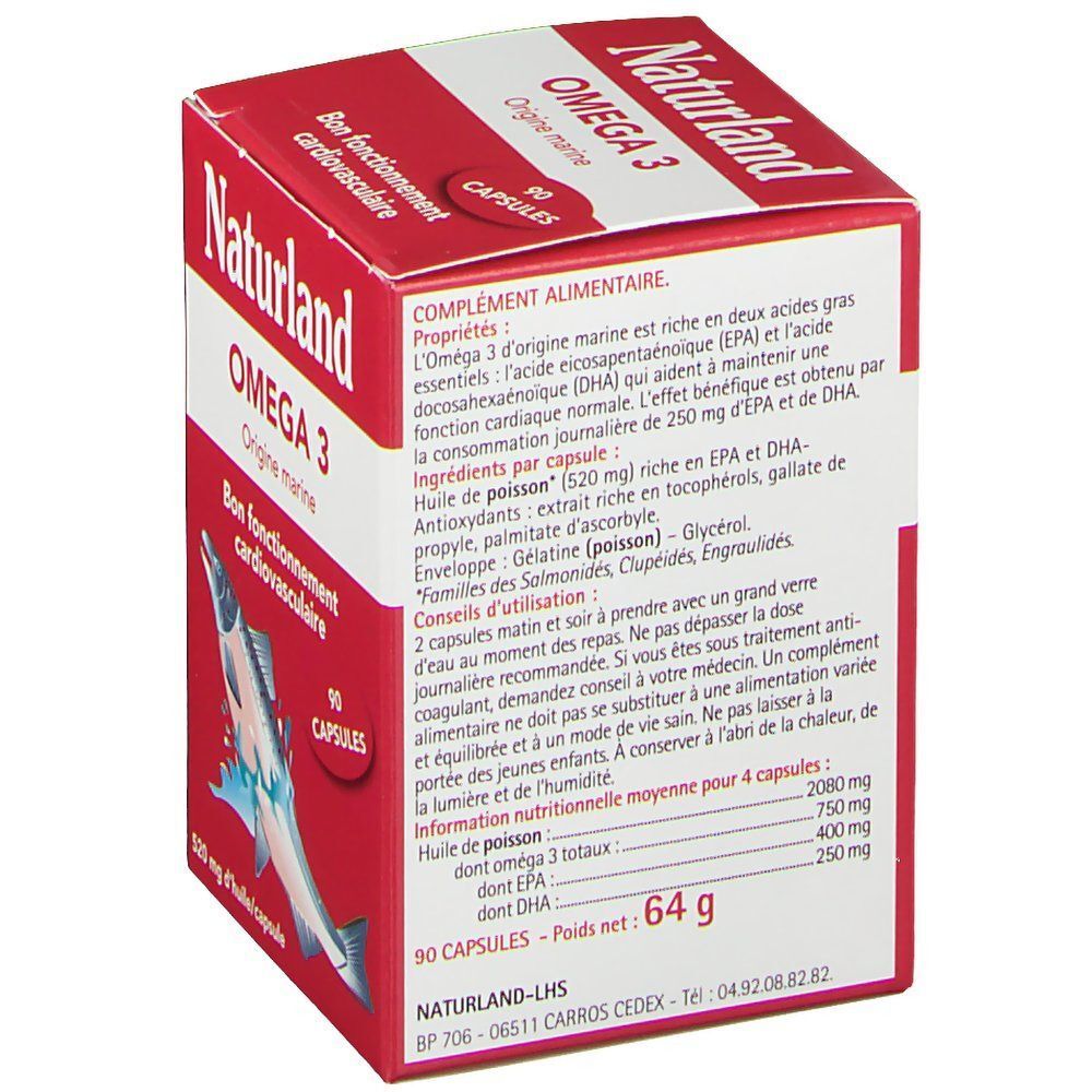 Boîte rouge Naturland OMEGA 3. Texte: 90 capsules, illustration de poisson, Bon fonctionnement cardiovasculaire. Détail des ingrédients.