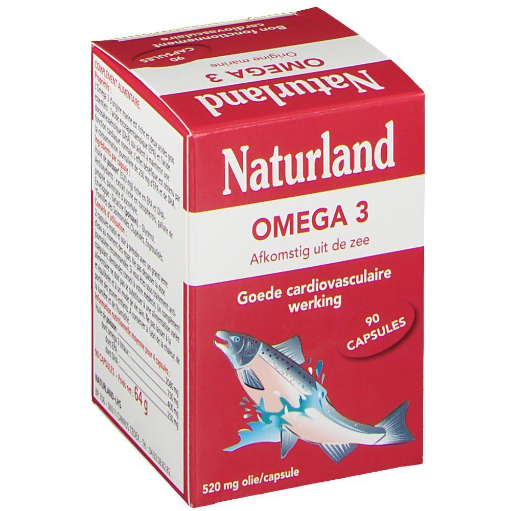 Boîte rouge Naturland OMEGA 3. Texte: 90 capsules, illustration de poisson, Afkomstig uit de zee, Goede cardiovasculaire werking.