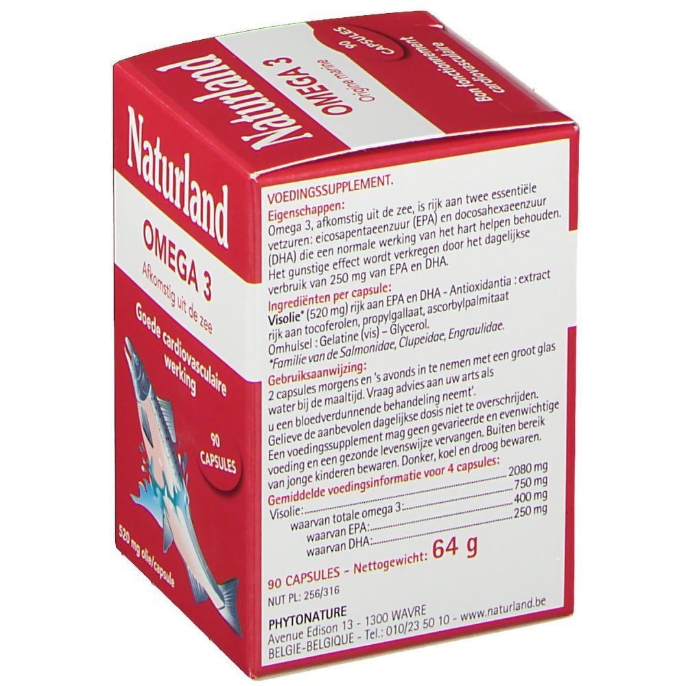 Boîte rouge Naturland OMEGA 3. Texte: 90 capsules, illustration de poisson, Afkomstig uit de zee, Goede cardiovasculaire werking. Détail ingrédients.
