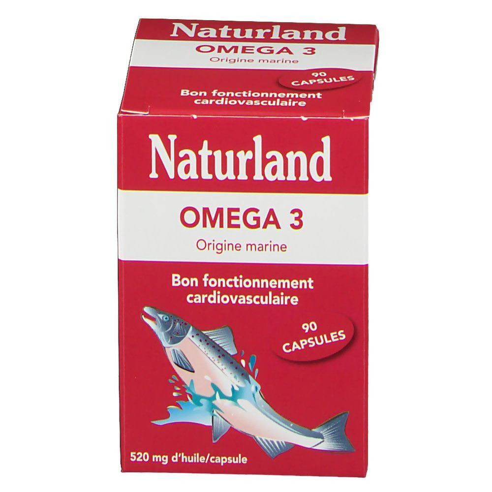 Boîte rouge Naturland OMEGA 3. Texte: 90 capsules, illustration de poisson, Bon fonctionnement cardiovasculaire, Origine marine.
