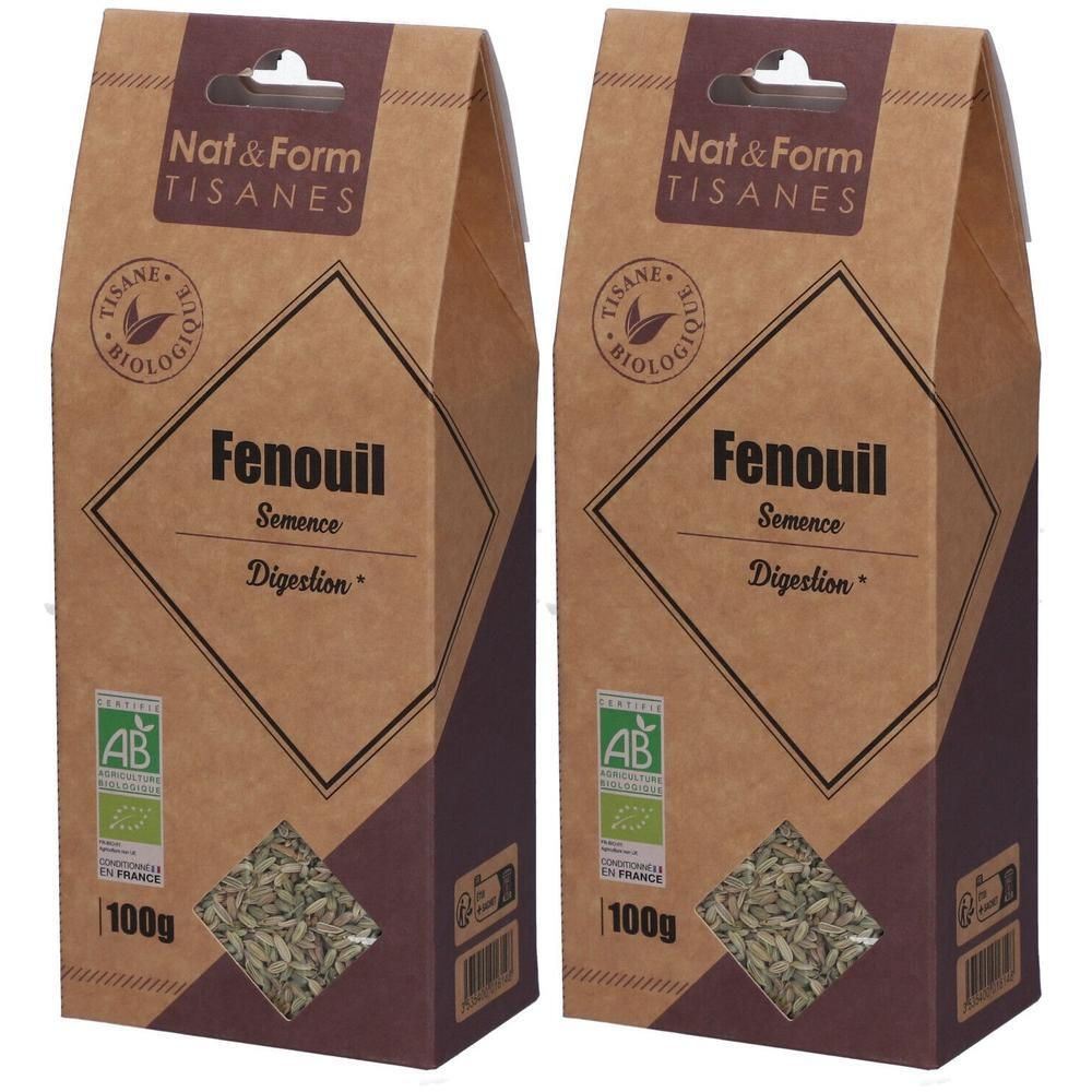 Deux sachets Nat&Form Tisane Fenouil, Semence, Digestion. Emballage marron avec fenêtre et label AB bio. 100g.