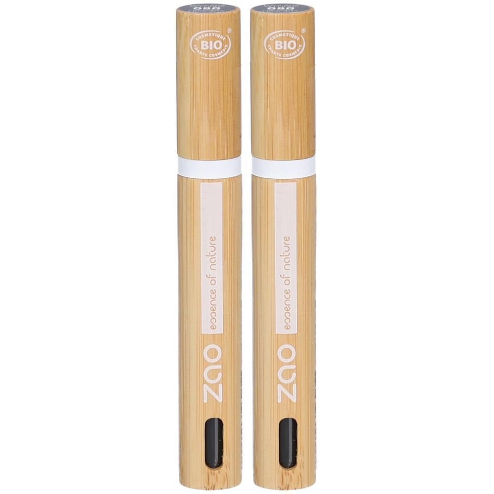 Deux mascaras en bambou. Logos BIO en haut. Inscription ZAO, essence of nature. Zone d'application noire.