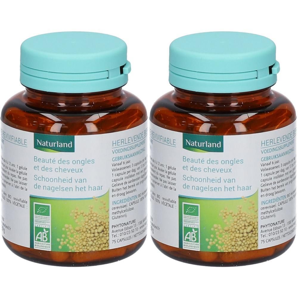 Deux flacons bruns avec des couvercles bleu clair. Étiquettes : Naturland, Beauté des ongles et des cheveux, logo AB.