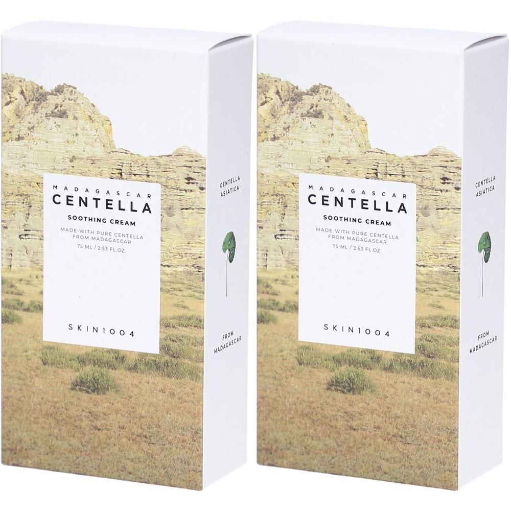 Deux boîtes rectangulaires. Inscription: MADAGASCAR CENTELLA Soothing Cream. Marque: SKIN1004. Fond: paysage avec montagne et herbe.