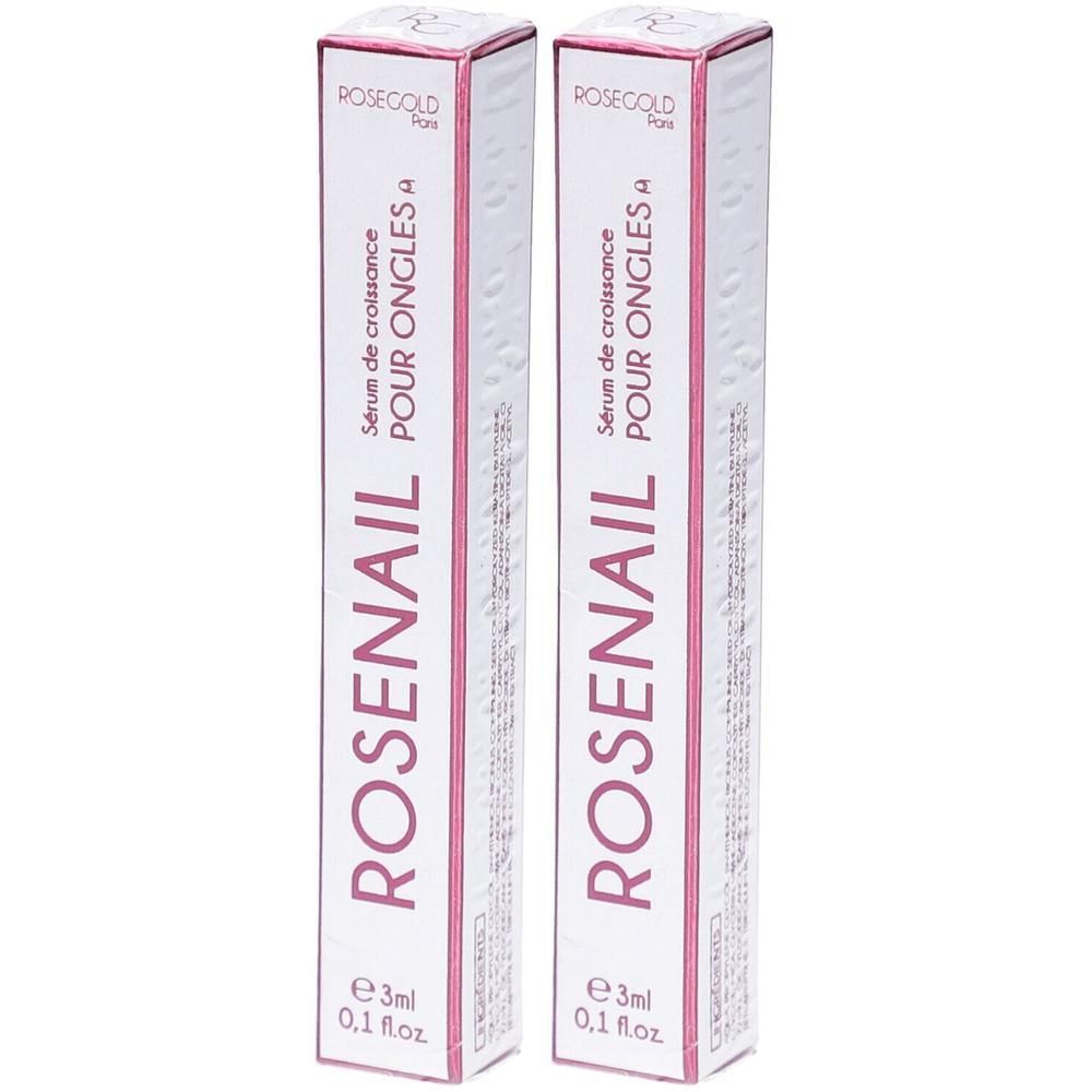 Deux boîtes rectangulaires. Inscription: ROSENAIL, ROSEGOLD, Sérum de croissance pour ongles. Volume: 3ml.