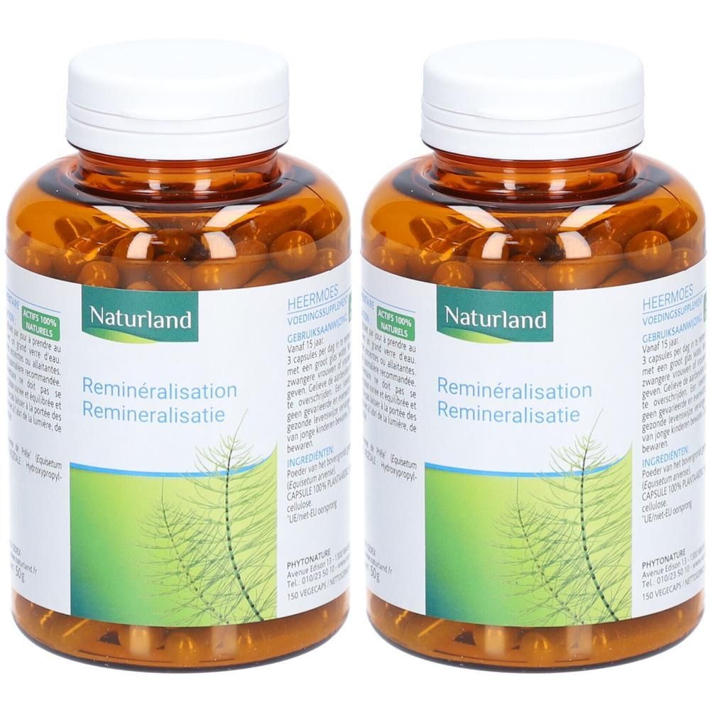 Deux flacons de gélules brunes. Inscription Naturland, Reminéralisation. Bouchons blancs. Étiquettes vertes et blanches avec illustration végétale.