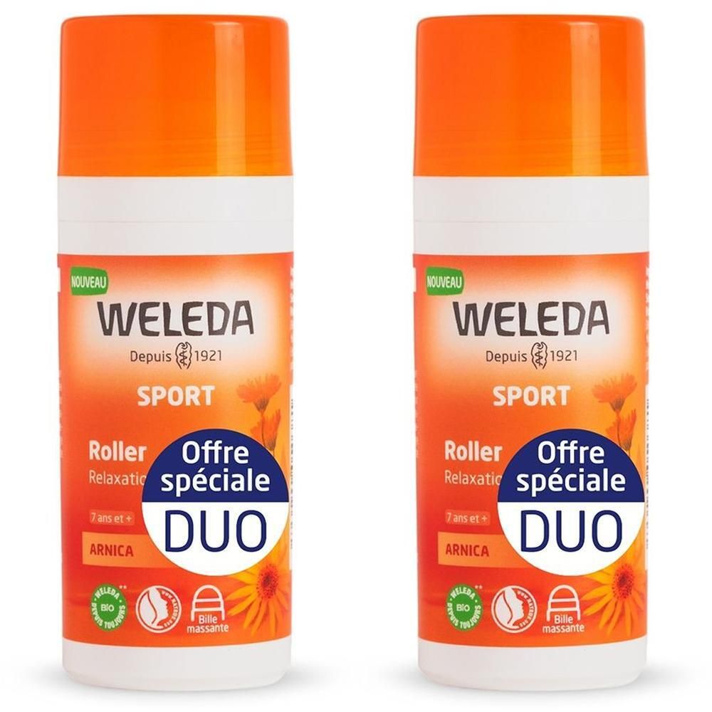 Deux flacons avec bouchons orange. Inscription: WELEDA SPORT, Roller, Arnica, Duo. Avec label bio.