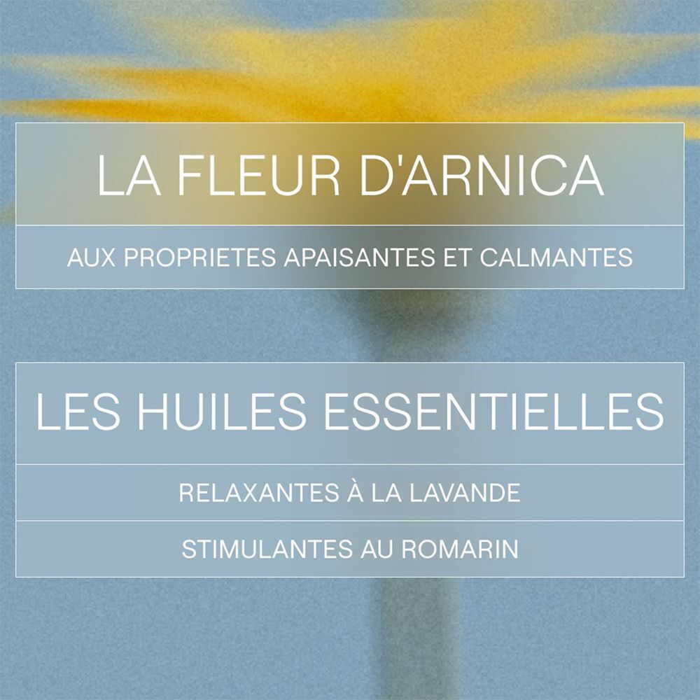 Texte sur fond bleu. Titre: LA FLEUR D'ARNICA. Sous-titre: AUX PROPRIETES APAISANTES ET CALMANTES.