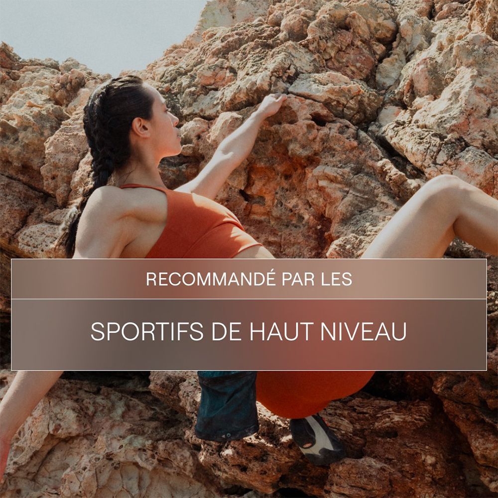 Personne escaladant des rochers. Texte: RECOMMANDÉ PAR LES SPORTIFS DE HAUT NIVEAU.