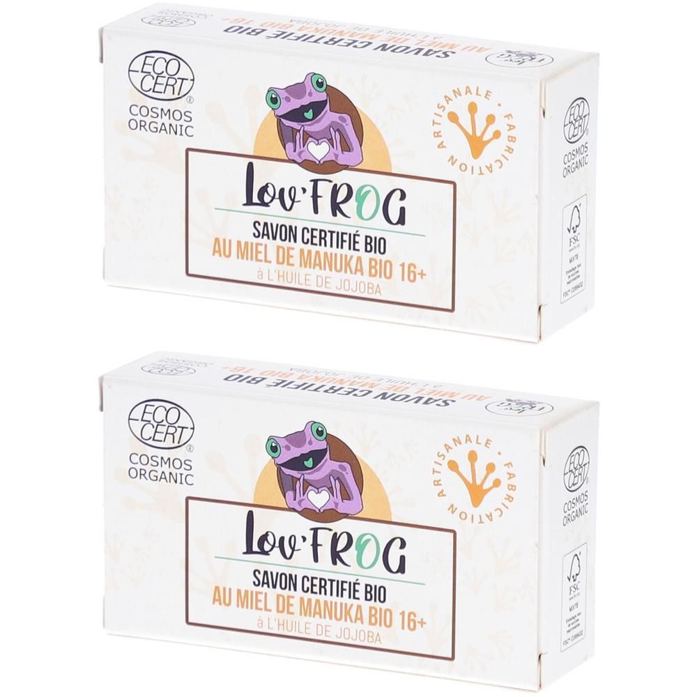 Deux boîtes de savon rectangulaires. Inscription : Lov Frog, Savon Certifié Bio, miel de Manuka Bio 16+, huile de jojoba. Avec Eco Cert.