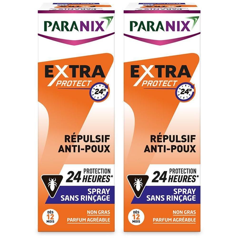 Deux boîtes. PARANIX en haut. Fond orange avec texte: EXTRA PROTECT, Répulsif Anti-Poux, Protection 24H. Spray Sans Rinçage.