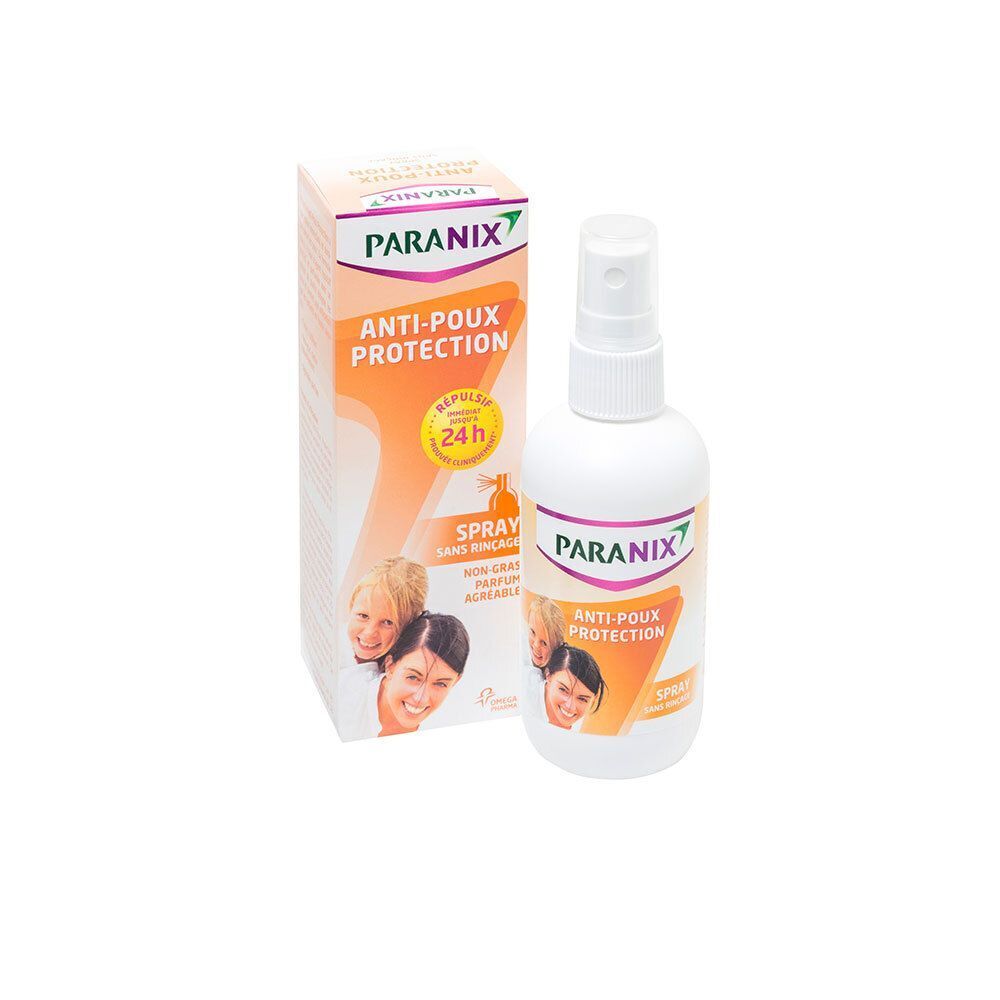 Flacon blanc et boîte. PARANIX sur le flacon et la boîte. Texte: Anti-Poux Protection, Spray Sans Rinçage.