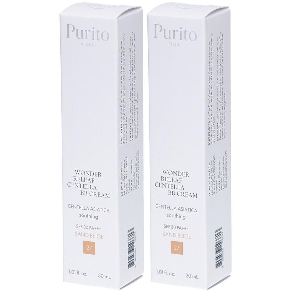 Deux boîtes blanches avec informations produit. Inscription: Purito, Wonder Releaf Centella BB Cream, Sand Beige 27, SPF 30.