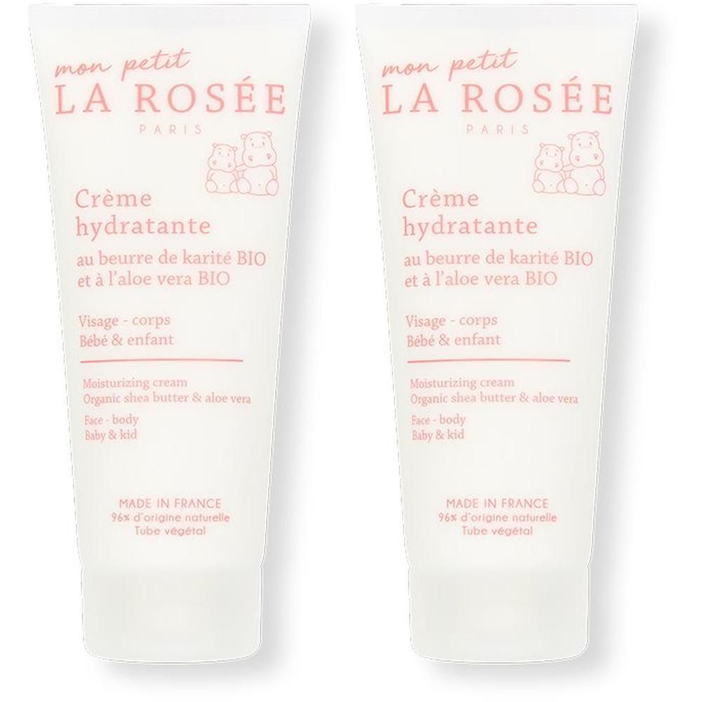 Deux tubes de crème. Inscription: mon petit LA ROSÉE, Crème hydratante, pour visage et corps, bébés et enfants. Fabriqué en France.