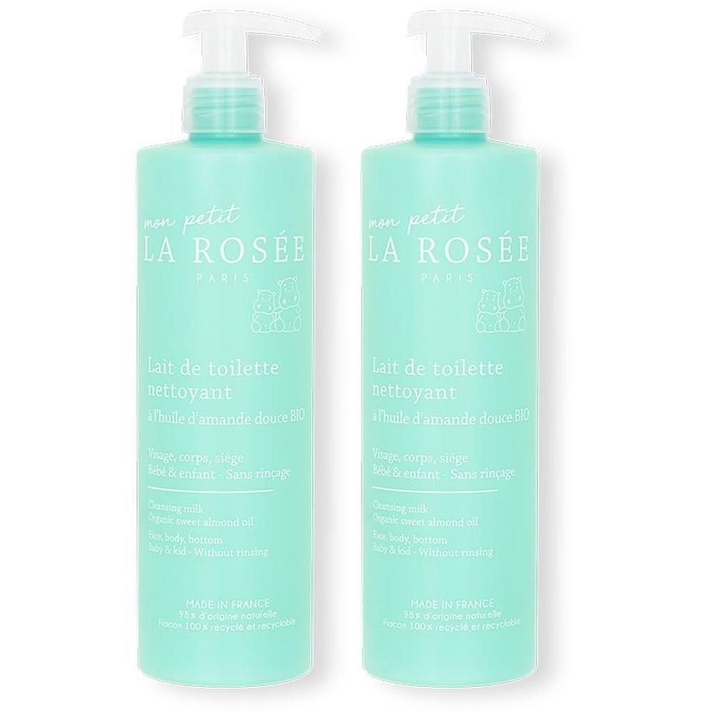 Deux flacons verts avec pompe. Inscription: LA ROSÉE, Lait de toilette nettoyant.