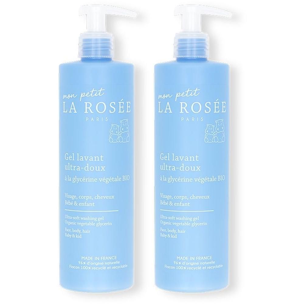 Deux flacons bleus avec pompe. Inscription: "mon petit LA ROSÉE". Texte: Gel lavant ultra-doux. Pour visage, corps, cheveux, bébé & enfant.