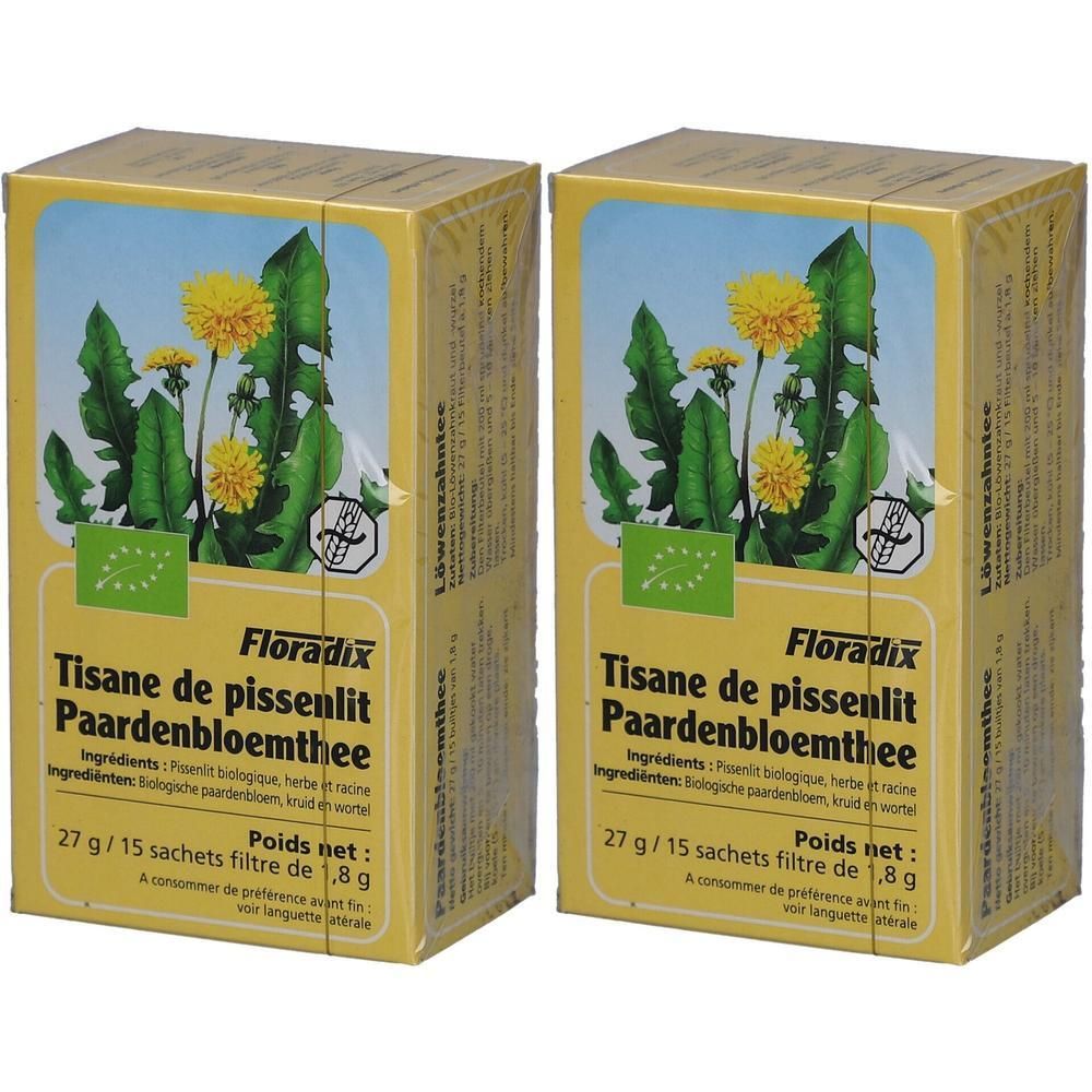 Deux boîtes jaunes avec impression. Inscription: Tisane de pissenlit Paardenbloemthee. Label bio. 27 g/15 sachets filtre. Poids net: 1,8 g.