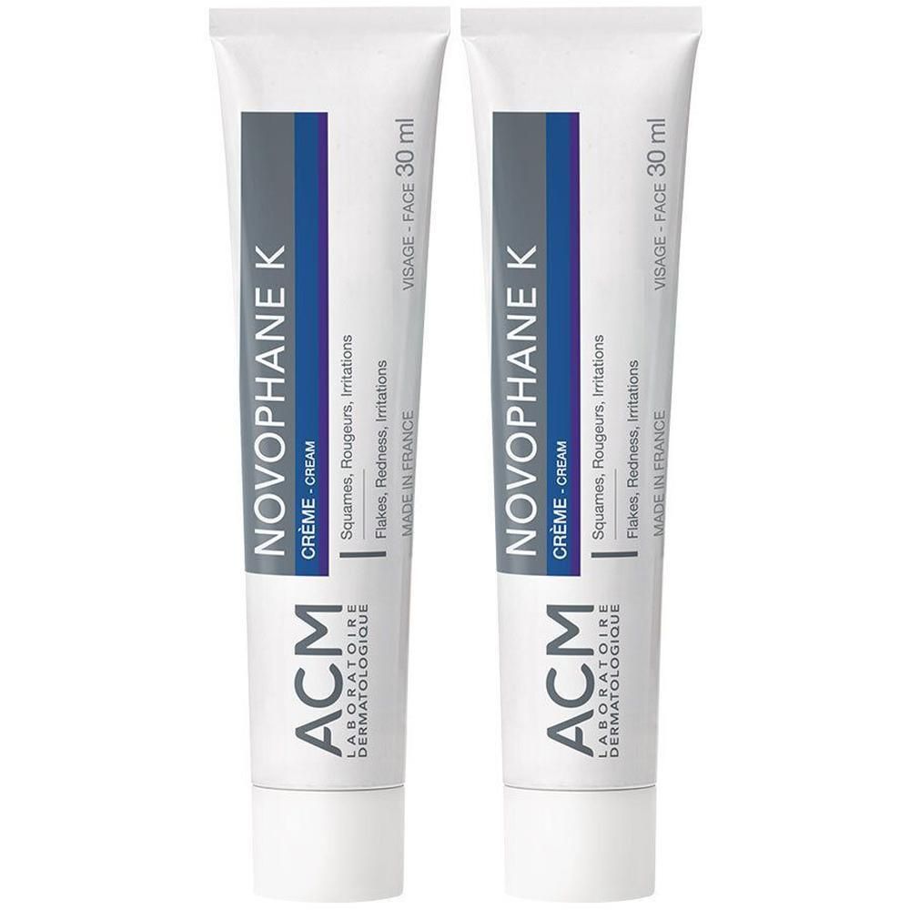 Deux tubes de crème. Inscription: NOVOPHANE K, Crème, 30 ml. Marque: ACM Laboratoire Dermatologique. Pour le visage.