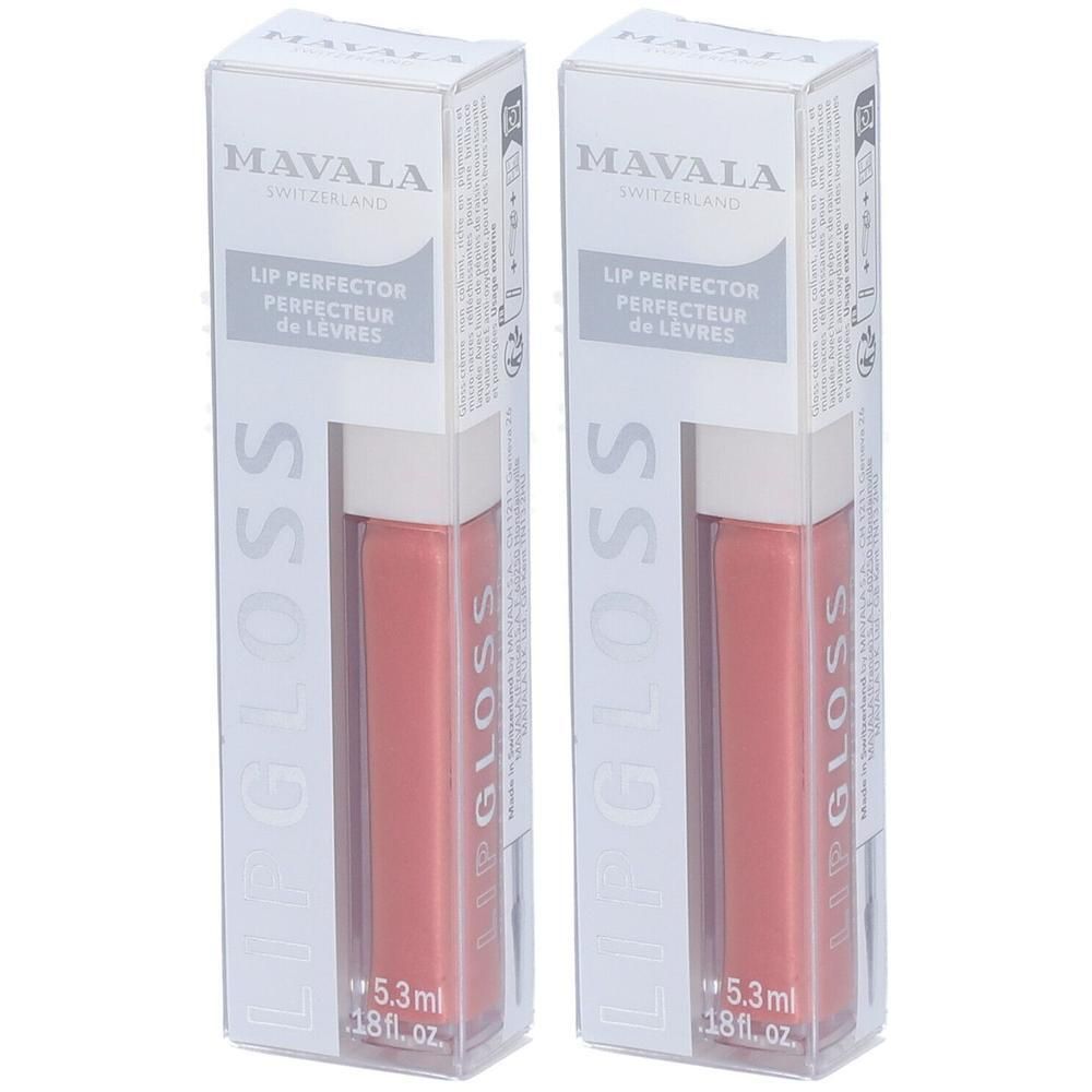 Deux gloss MAVALA en emballage. Inscription: LIP GLOSS, 5.3ml. Teinte abricot. Conditionnement en boîte.