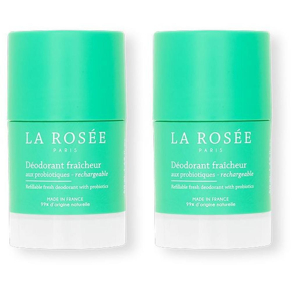 Deux sticks déodorants verts avec base blanche. Inscription: LA ROSÉE, Déodorant fraîcheur, aux probiotiques - rechargeable.