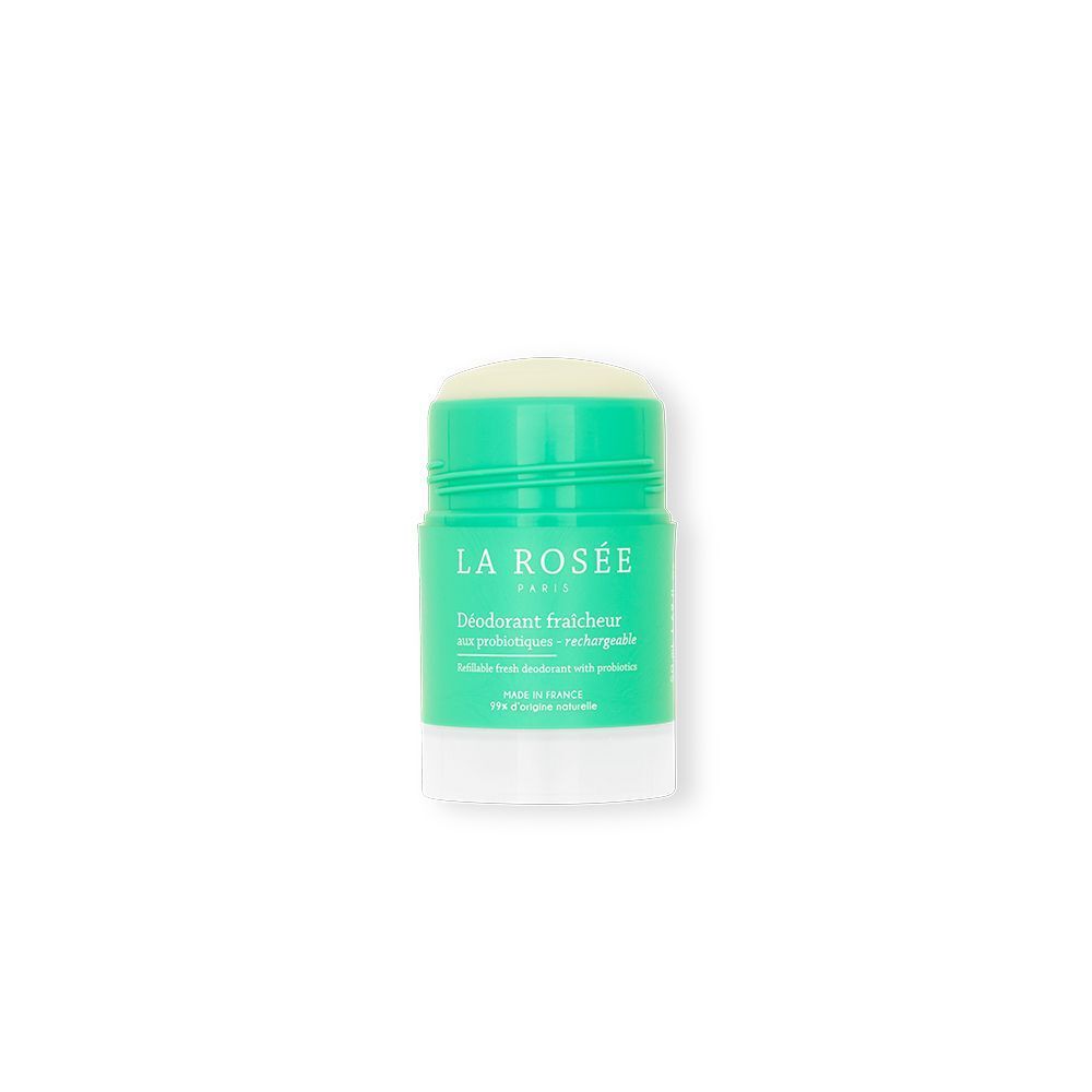 Stick déodorant vert avec base blanche. Inscription: LA ROSÉE, Déodorant fraîcheur, aux probiotiques - rechargeable.