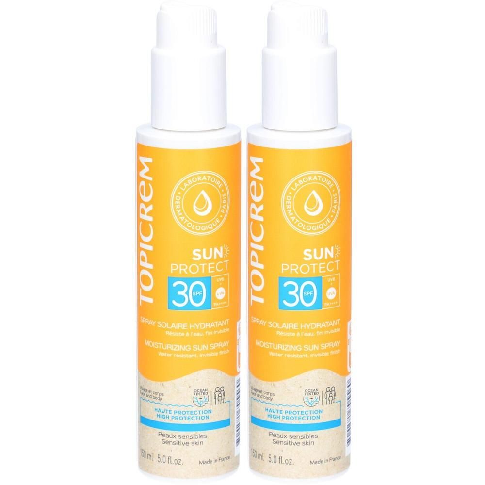Deux flacons spray avec bouchon blanc et étiquette jaune. Inscription: TOPICREM, SUN PROTECT 30. Spray solaire hydratant.