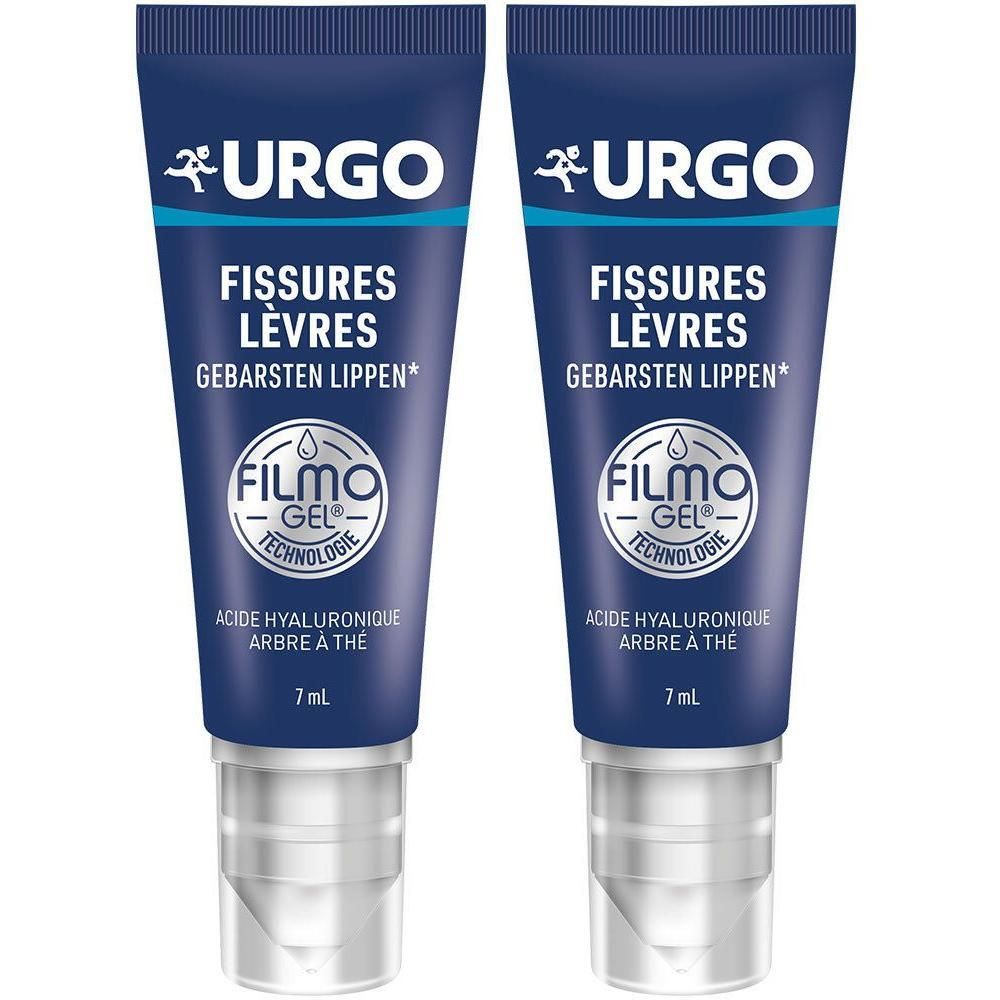 Deux tubes bleus. URGO en haut, FISSURES LÈVRES en dessous. FILMOGEL TECHNOLOGIE est visible. Contenance 7 ml.