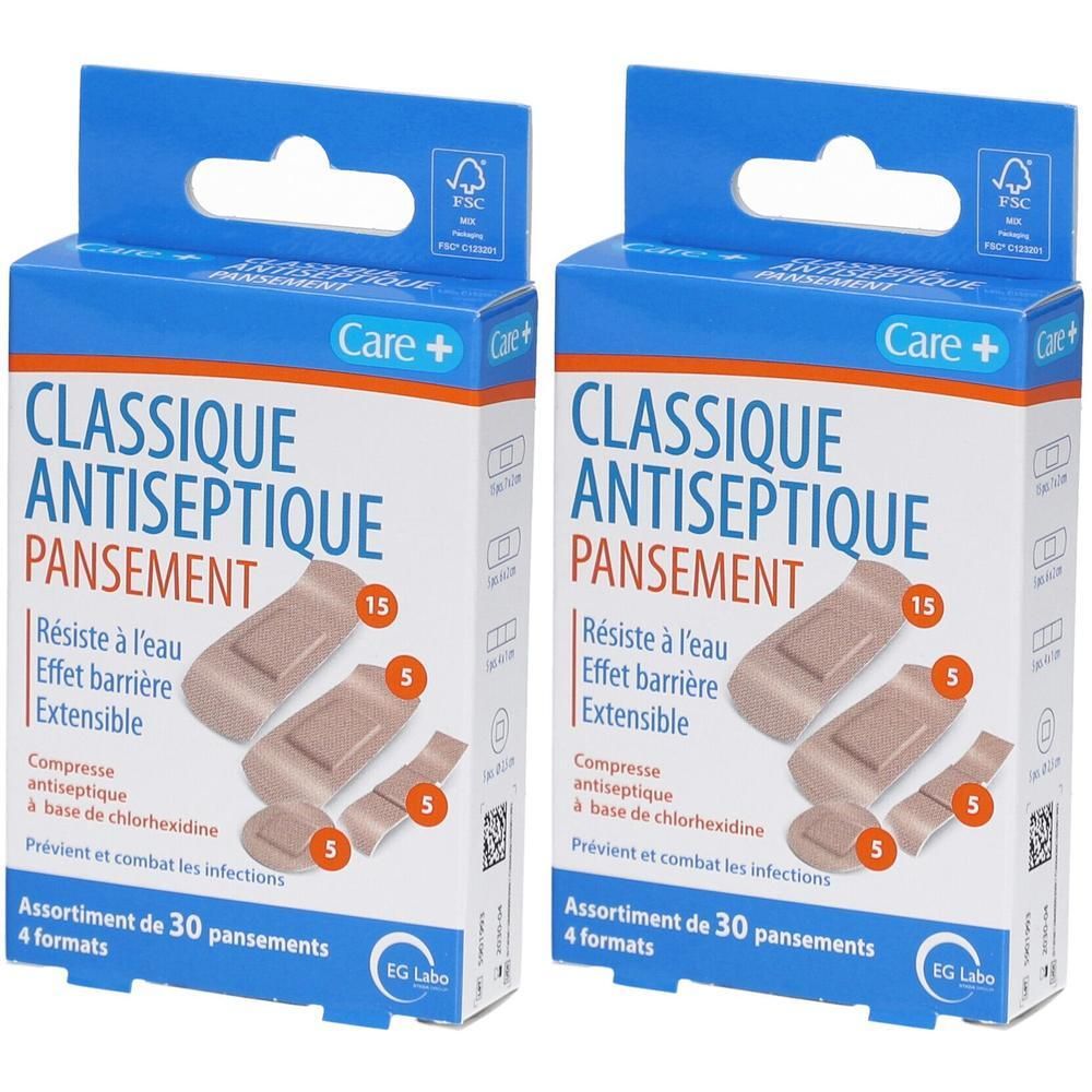 Deux boîtes de pansements CARE+ CLASSIC ANTISEPTIQUE. Inscription: CLASSIC ANTISEPTIQUE PANSEMENT. Contient 30 pansements en 4 formats. Certification FSC.
