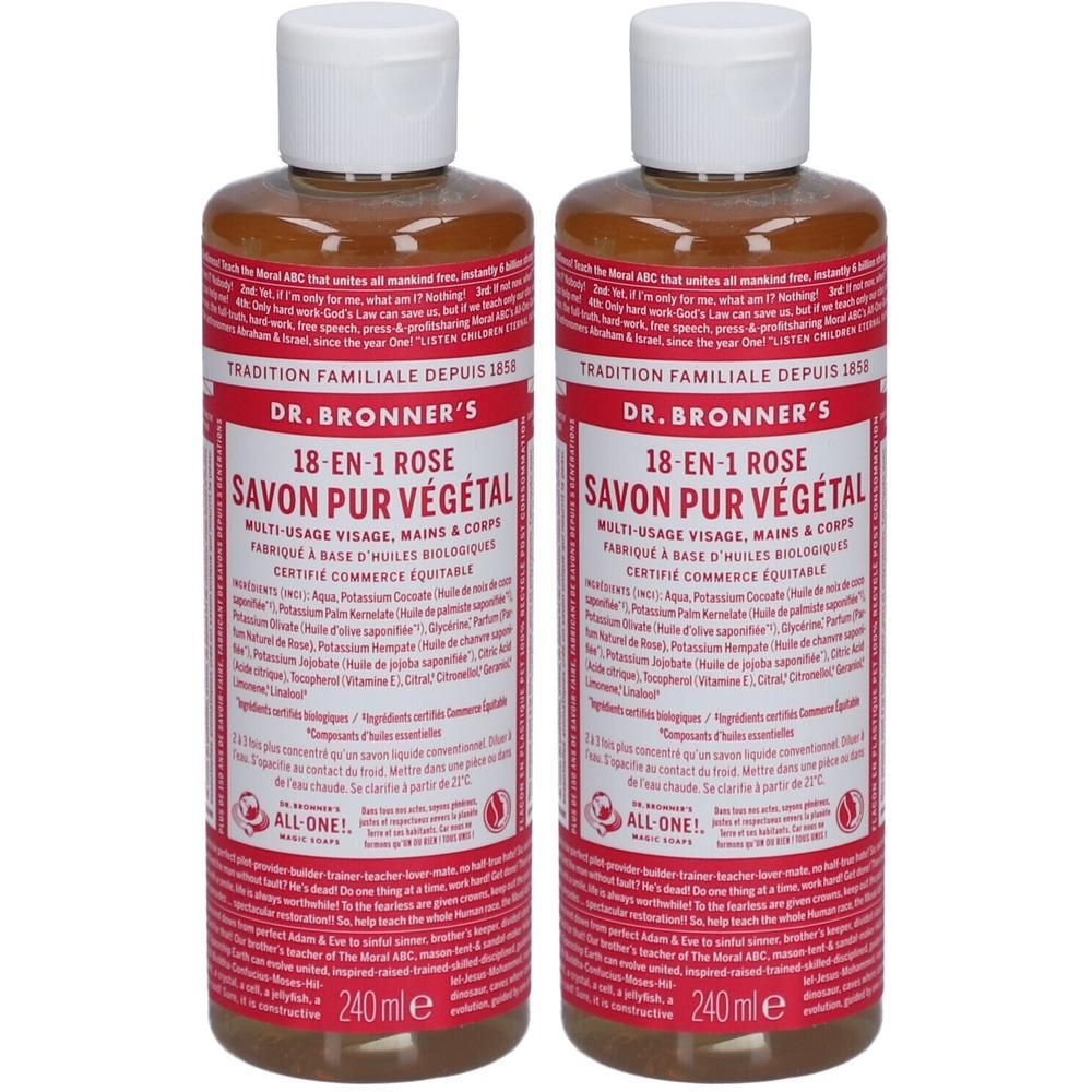 Deux flacons avec bouchon blanc. Inscription: DR. BRONNER'S 18-EN-1 ROSE SAVON PUR VÉGÉTAL. 240 ml.