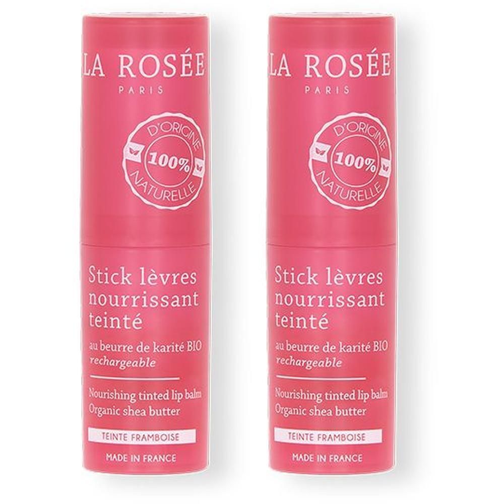 Deux sticks à lèvres roses avec texte blanc. Inscription: LA ROSÉE, Stick lèvres nourrissant teinté, 100% naturelle.