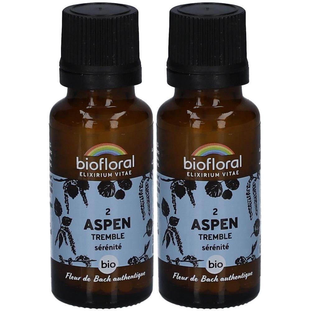 Deux flacons en verre brun avec des bouchons noirs. Étiquettes avec "biofloral", "ASPEN", "TREMBLE", "sérénité" et "bio".
