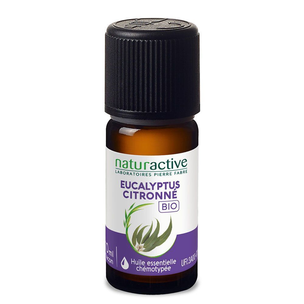 Flacon d'huile essentielle Naturactive Eucalyptus citronné Bio. Flacon en verre brun, bouchon noir, impression blanche.