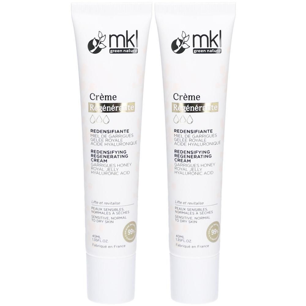 Deux tubes de Crème Régénérante Redensifiante MKL Green Nature. Tubes blancs avec texte vert et noir. Contient 99% d'ingrédients d'origine naturelle.