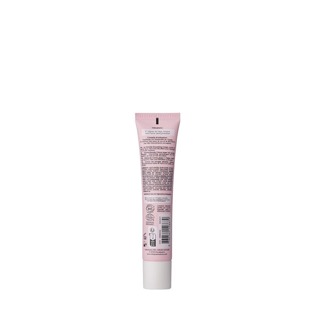 Dos d'un tube rose. Texte: Crème 1ère rides, Lissante, Acide Hyaluronique, Aloe Vera. Marque: mkl green nature. Texte multilingue.