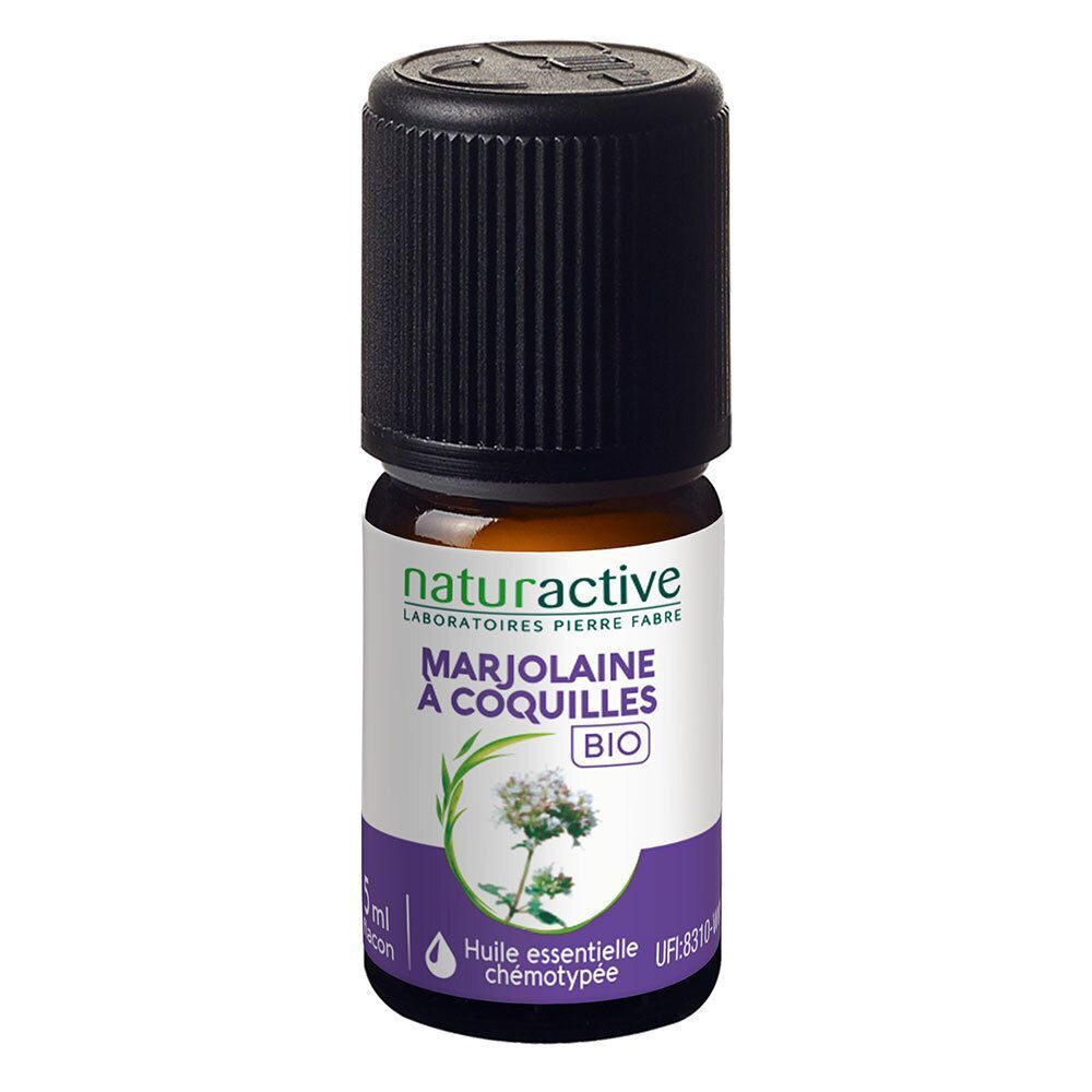 Flacon d'huile essentielle. Inscription: Marjolaine à Coquilles BIO. Certification AB. 5 ml.