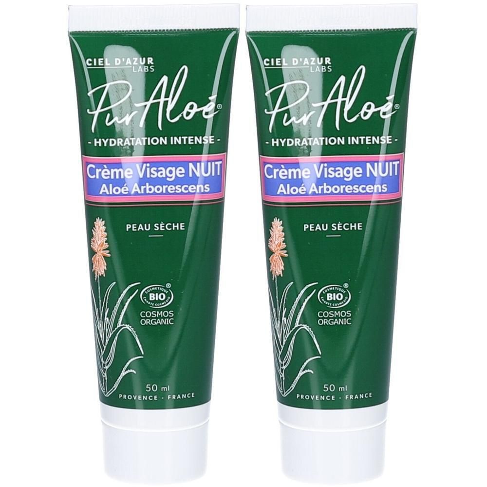 Deux tubes de crème. Vert, blanc et rose. Inscription: Pur'Aloé, Crème Visage Nuit, Aloe Arborescens. Certification Bio.