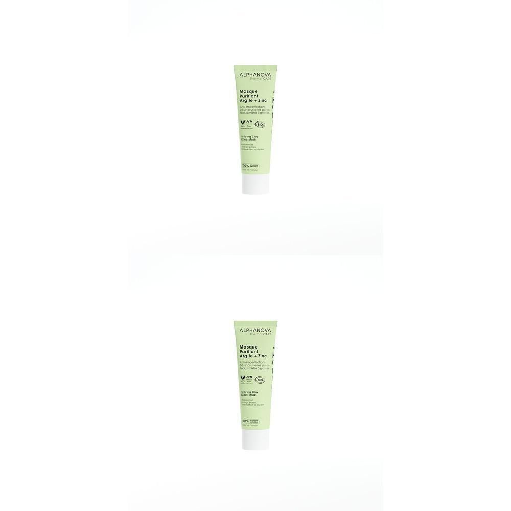Deux tubes avec étiquette verte. Inscription: Masque Purifiant Argile + Zinc. Avec certification bio.