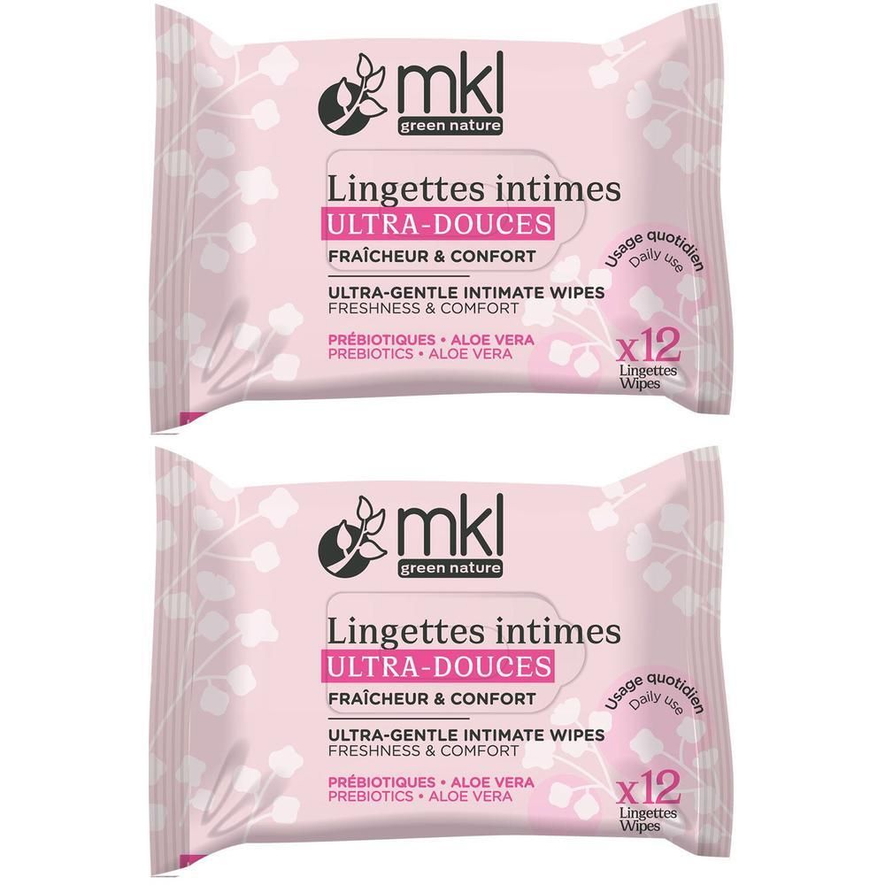 Deux paquets de lingettes intimes. Emballage rose avec motif floral. Texte : Lingettes intimes, Ultra-Douces, Fraîcheur & Confort.