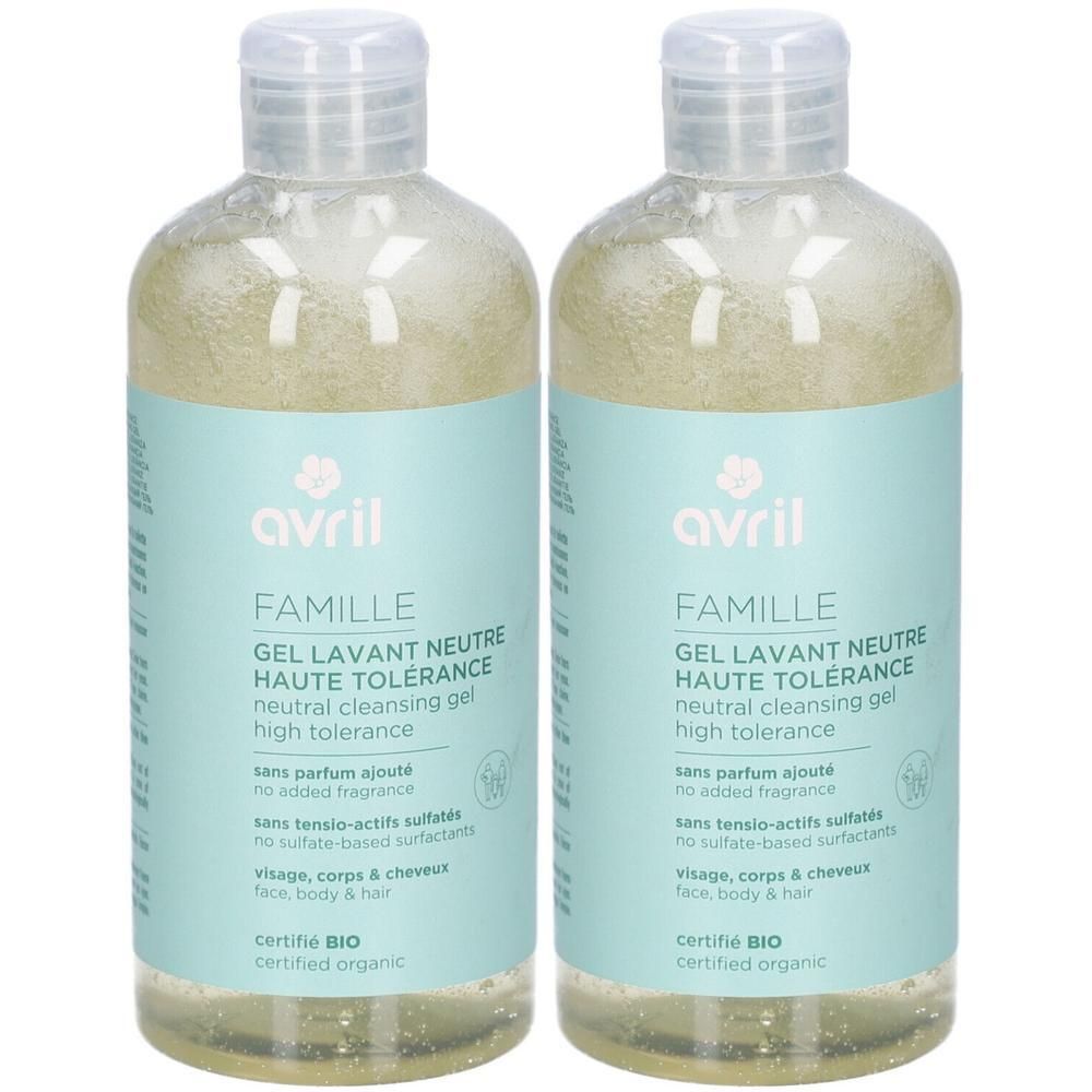 Deux flacons avec étiquette bleu clair. Inscription: Avril, FAMILLE, GEL LAVANT NEUTRE HAUTE TOLERANCE. Certifié BIO.