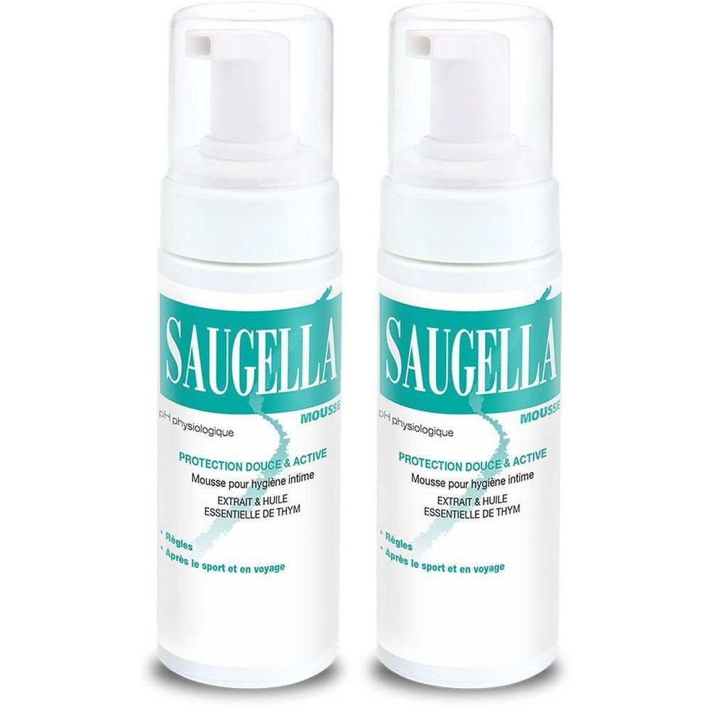Deux flacons de mousse avec pompe blanche. Inscription SAUGELLA MOUSSE. Texte: Protection douce & active, Extrait & huile essentielle de thym.