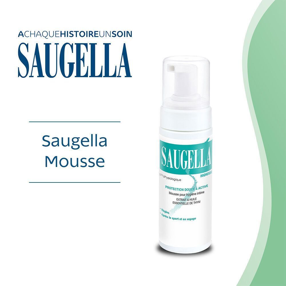Un flacon SAUGELLA MOUSSE. Texte: Protection douce & active, Extrait & huile essentielle de thym. Logo et inscription SAUGELLA.