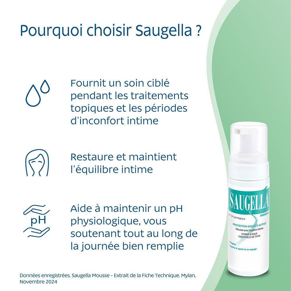 Flacon de produit à côté du texte. Texte: Fournit un soin ciblé, Restaure et maintient l'équilibre intime, Aide à maintenir un pH physiologique.